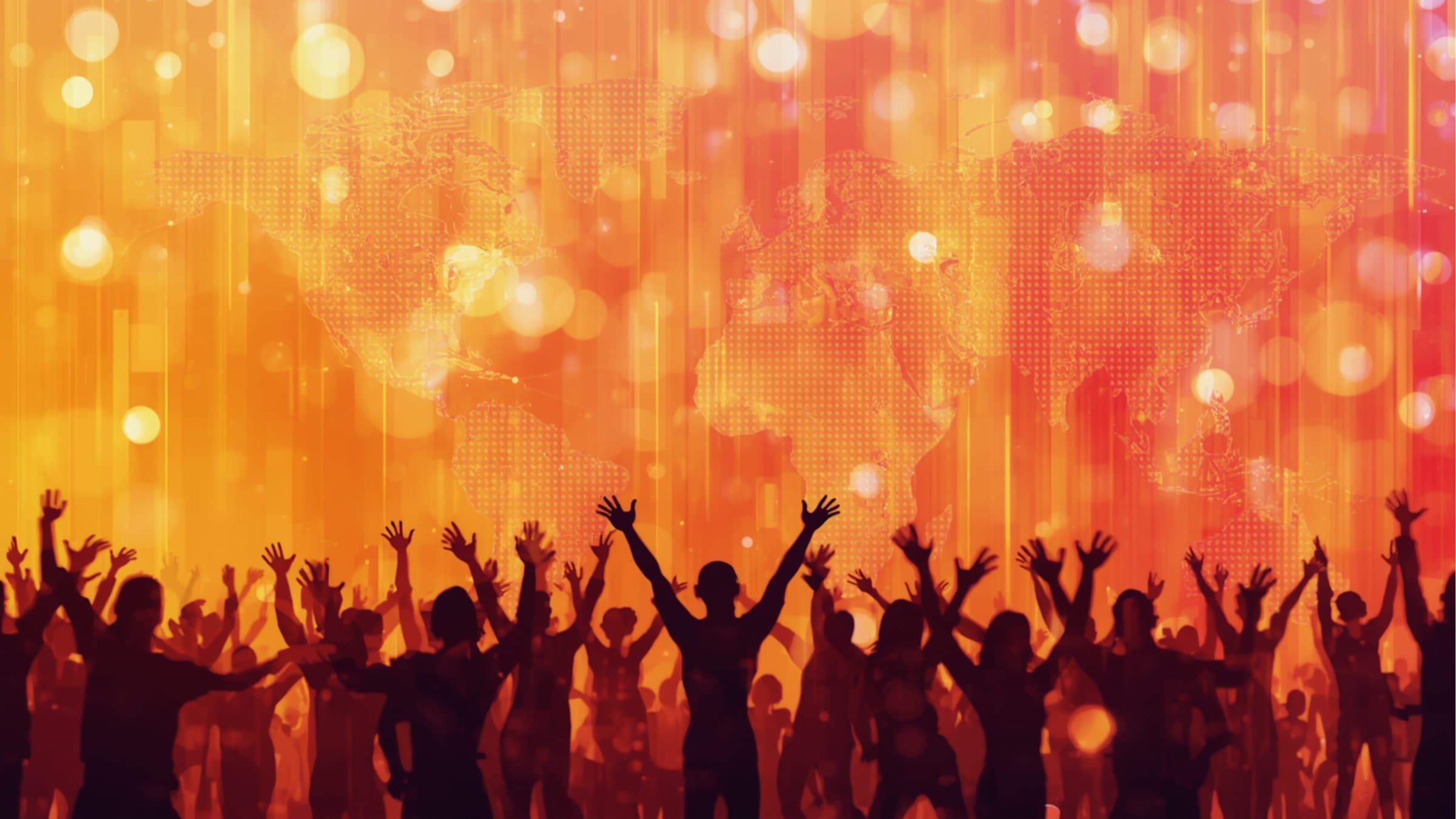 A warm live music crowd scene with a global map backdrop for We the Ravers