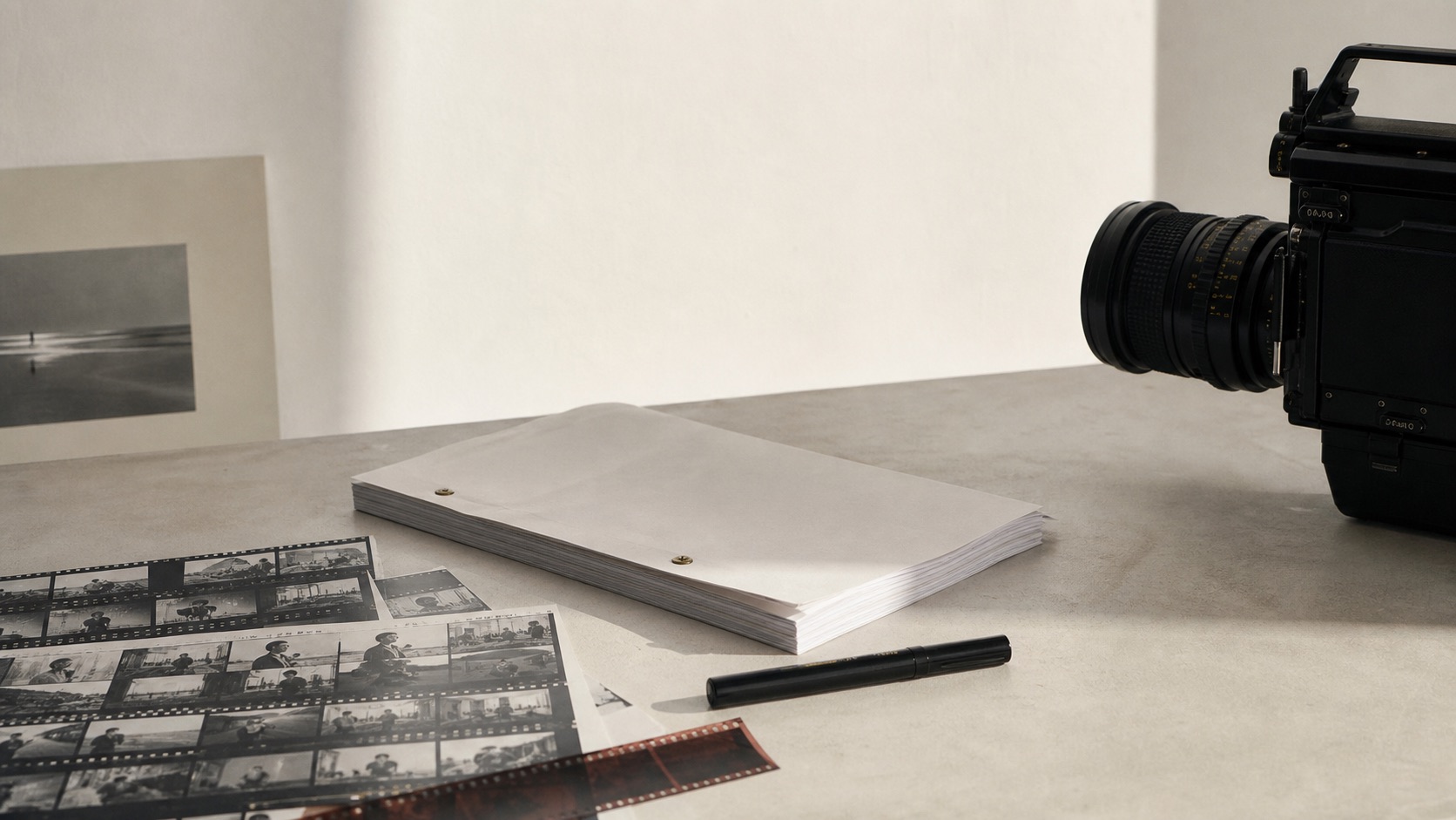 A restrained studio still life with camera, screenplay, and contact sheets